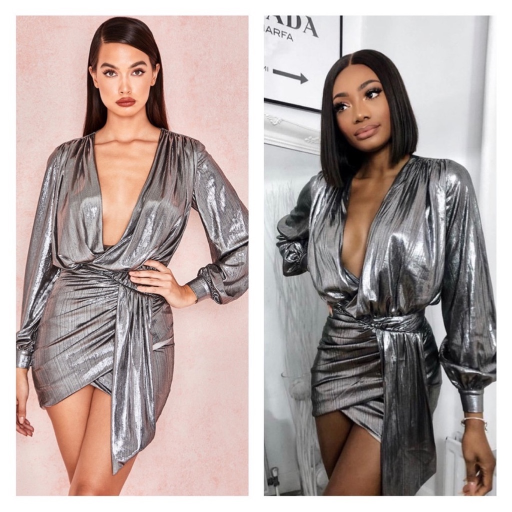 House Of Cb London Alvona Metallic Silver Deep V Draped Mini Dress Size Small